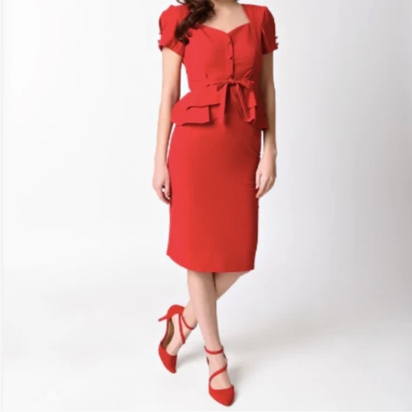 🆕 Stop Staring Faith red peplum vintage retro pinupp midi wiggle dress - Picture 2 of 14